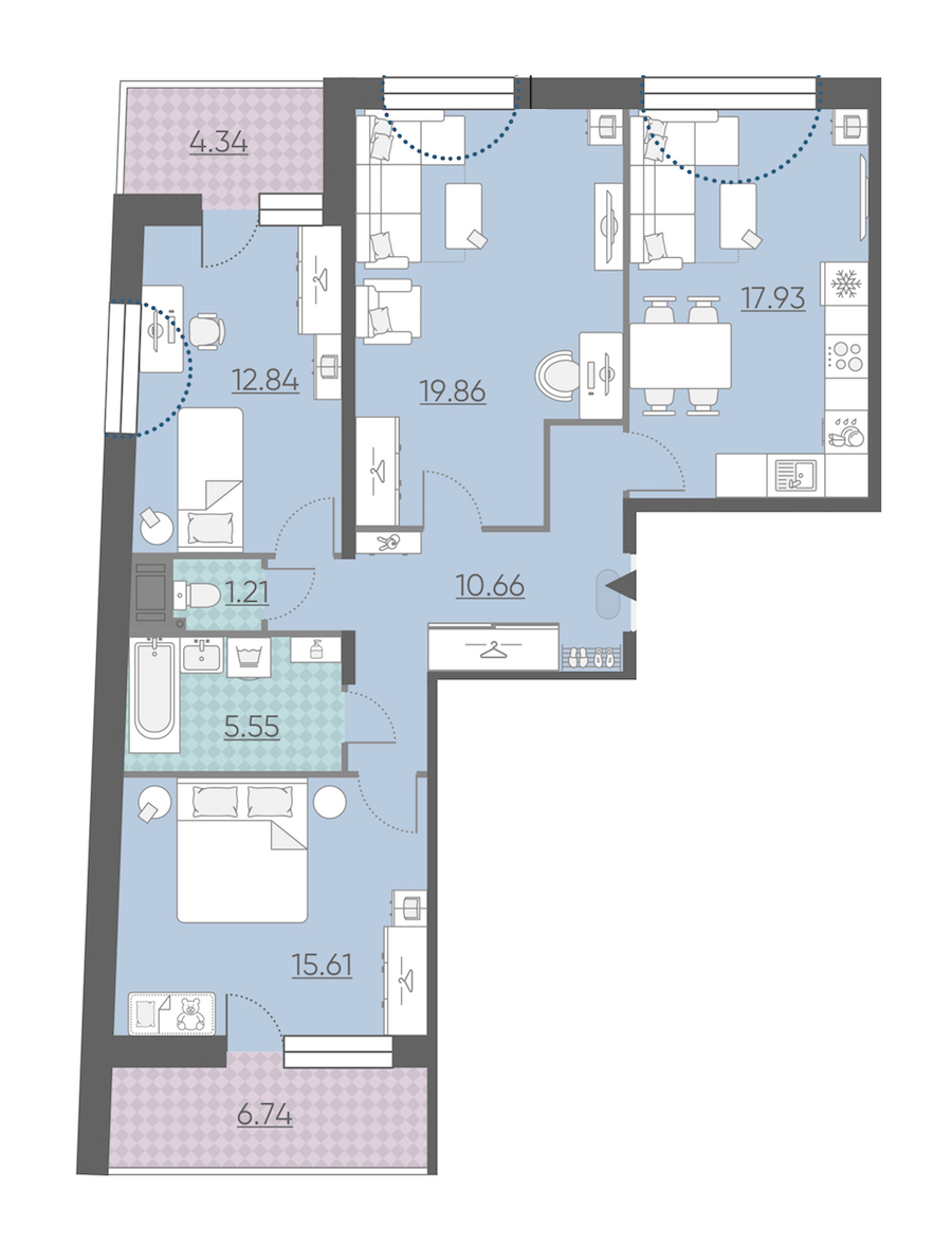 Трехкомнатная квартира в : площадь 89.2 м2 , этаж: 5 – купить в Санкт-Петербурге